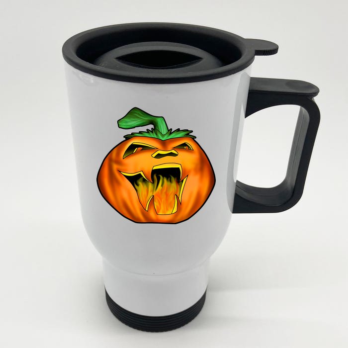 Fanged Fire Jack O' Lantern Pumpkin Halloween Front & Back Stainless Steel Travel Mug