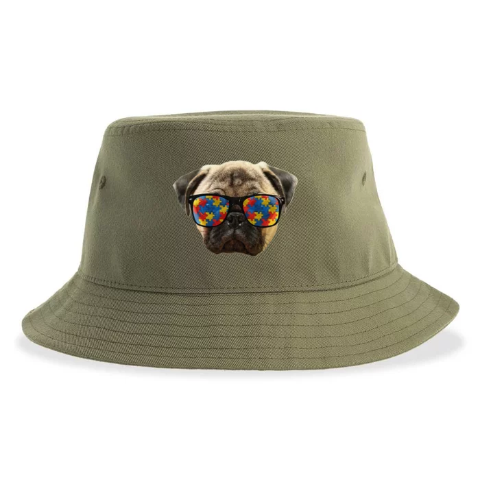 Funny Autism Pug Wearing Sunglasses Sustainable Bucket Hat