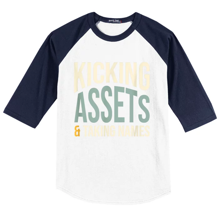 Funny Accounting Pun Kicking Assets And Taking Names Baseball Sleeve Shirt