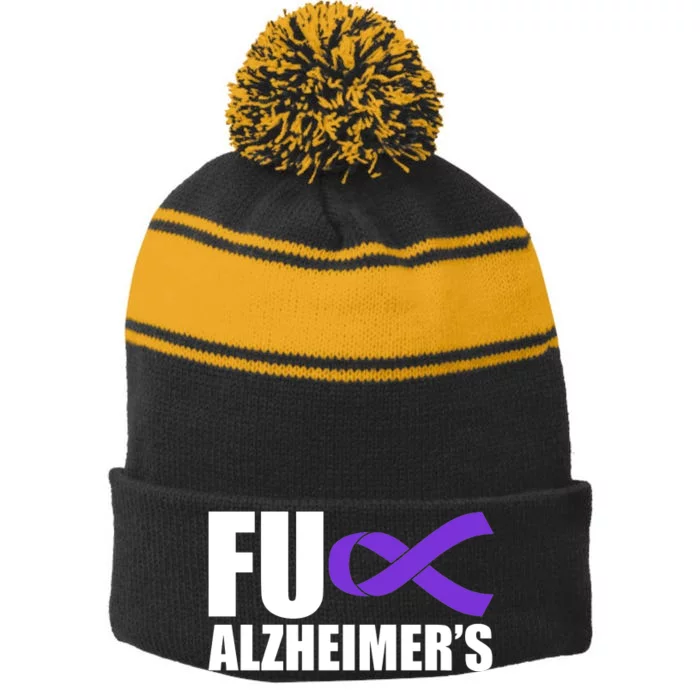 Fuck Alzheimer's Purple Ribbon Stripe Pom Pom Beanie