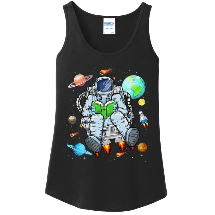 Funny Astronaut Reads Book In Space Outer Space Book Nerds Ladies Essential Tank