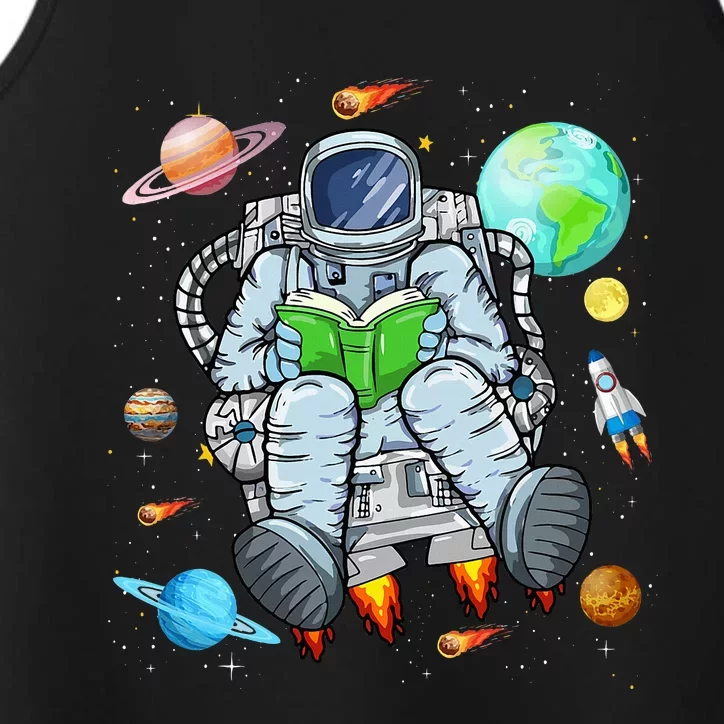 Funny Astronaut Reads Book In Space Outer Space Book Nerds Performance Tank