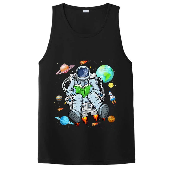 Funny Astronaut Reads Book In Space Outer Space Book Nerds Performance Tank