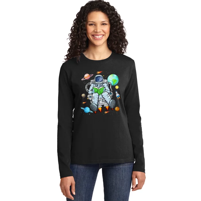 Funny Astronaut Reads Book In Space Outer Space Book Nerds Ladies Long Sleeve Shirt