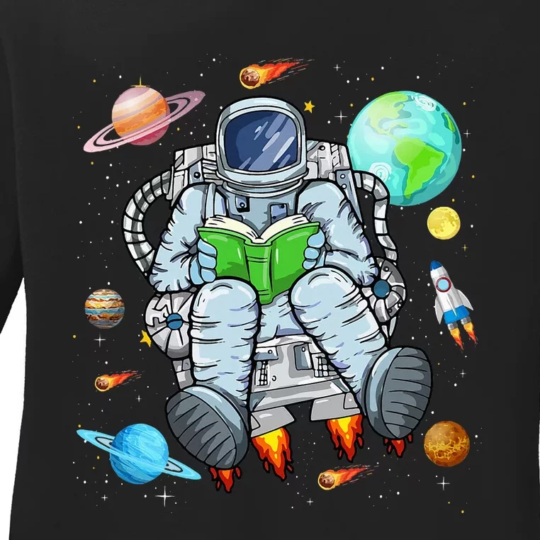 Funny Astronaut Reads Book In Space Outer Space Book Nerds Ladies Long Sleeve Shirt