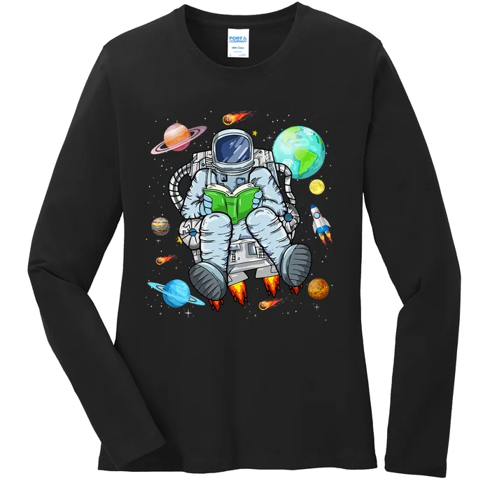 Funny Astronaut Reads Book In Space Outer Space Book Nerds Ladies Long Sleeve Shirt