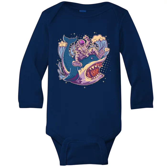 Funny Astronaut Riding Shark Baby Long Sleeve Bodysuit