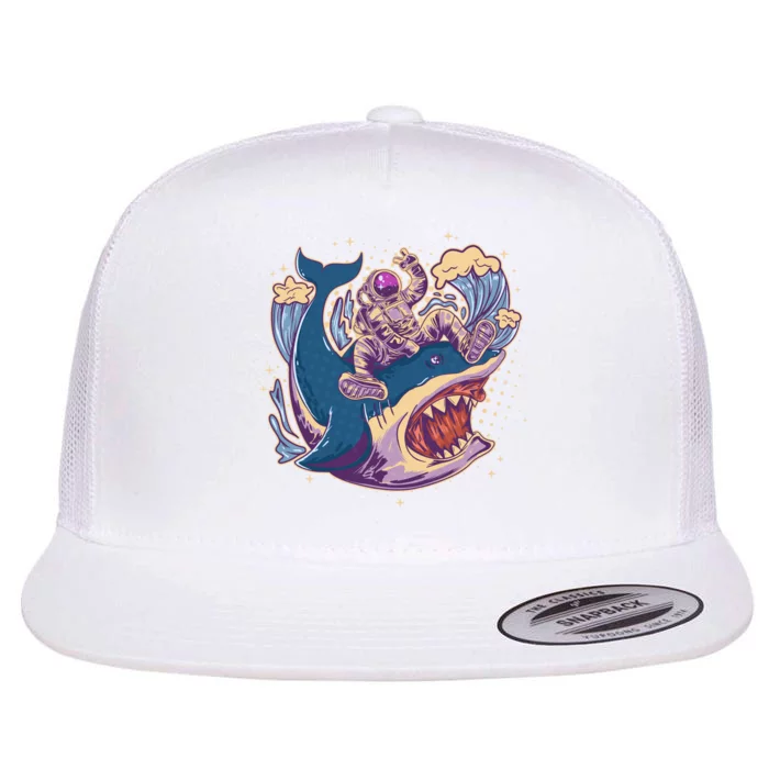 Funny Astronaut Riding Shark Flat Bill Trucker Hat