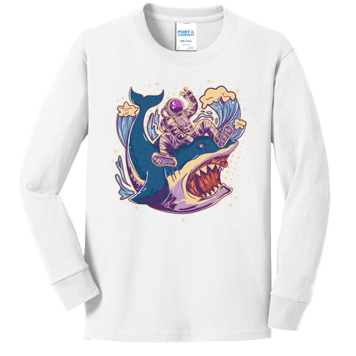 Funny Astronaut Riding Shark Kids Long Sleeve Shirt