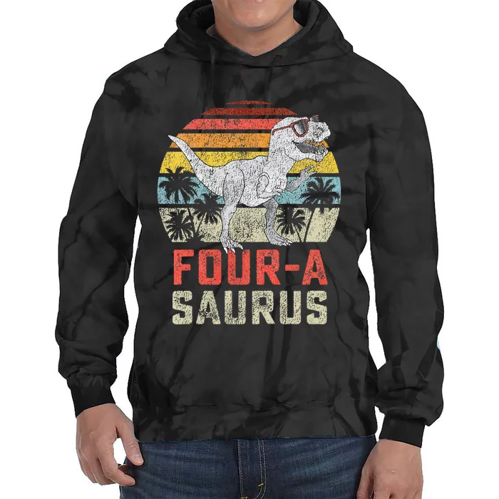 Four a Saurus Birthday T Rex 4 Year Old Dino 4th Dinosaur Tie Dye Hoodie