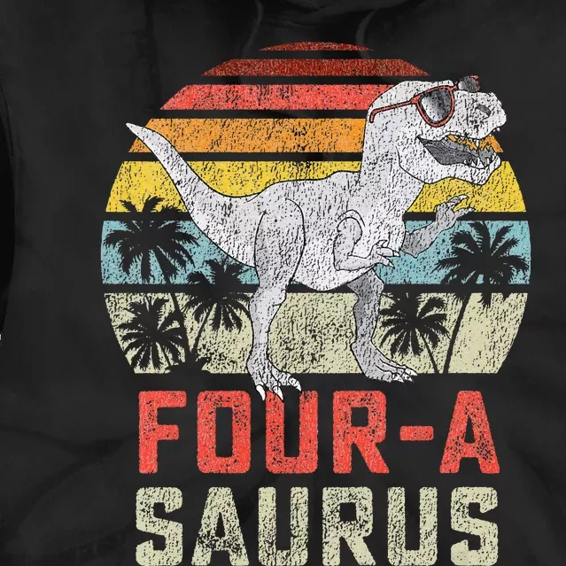 Four a Saurus Birthday T Rex 4 Year Old Dino 4th Dinosaur Tie Dye Hoodie