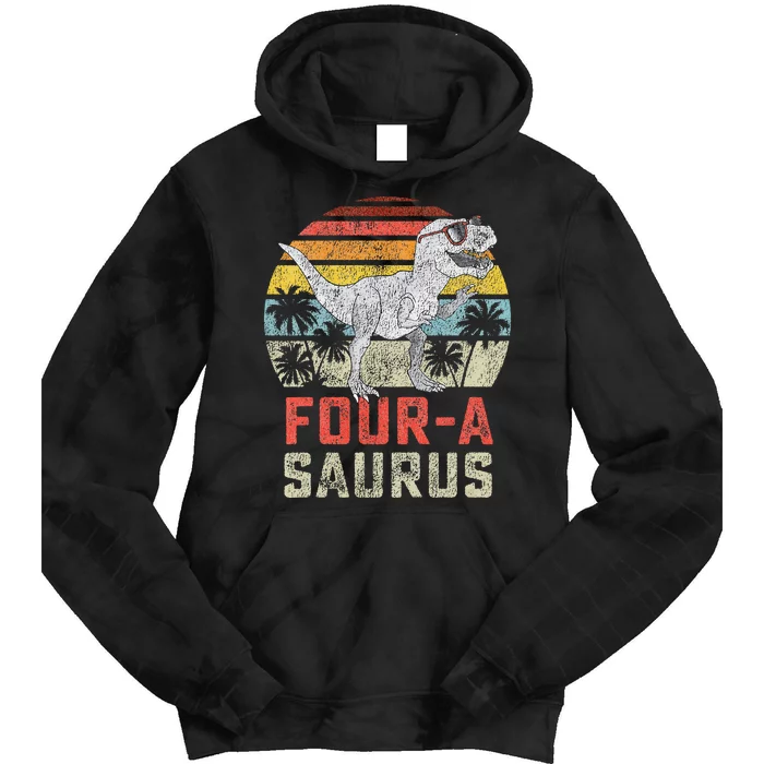 Four a Saurus Birthday T Rex 4 Year Old Dino 4th Dinosaur Tie Dye Hoodie