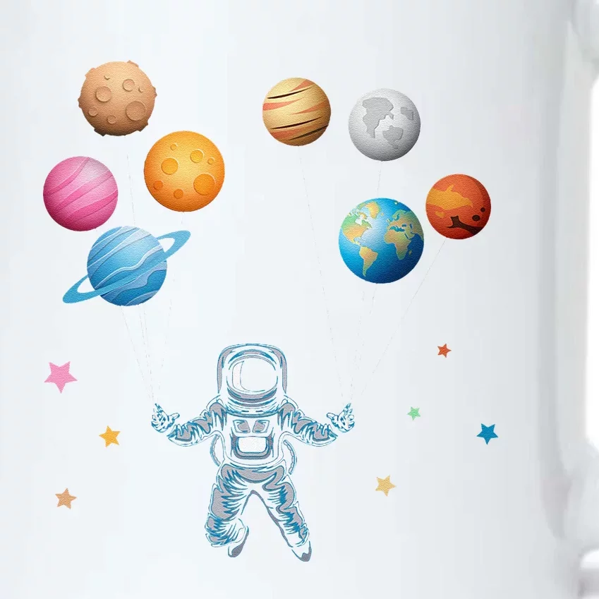 Funny Astronaut Spaceman Flies With Planet Balloons Black Color Changing Mug