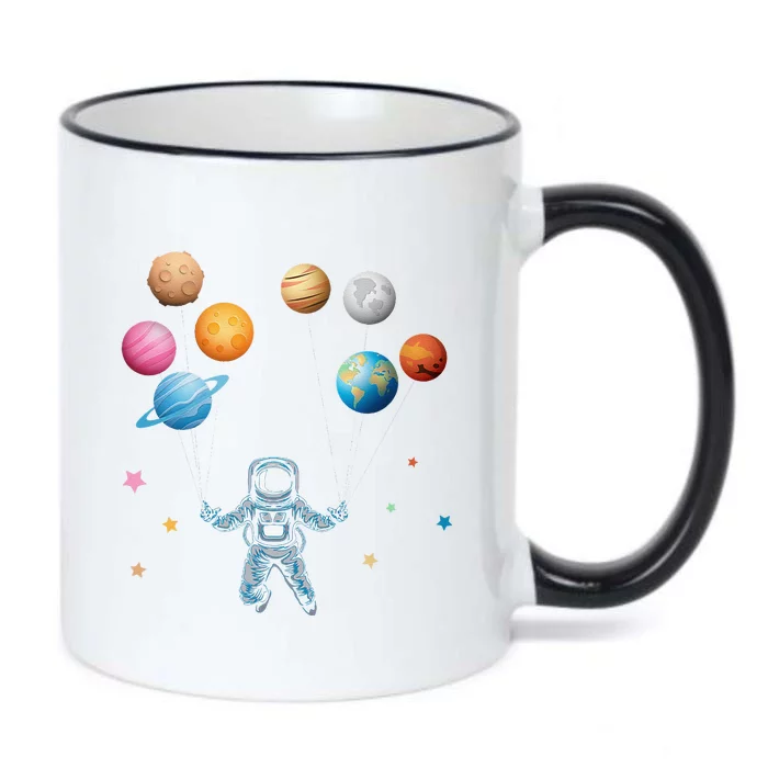 Funny Astronaut Spaceman Flies With Planet Balloons Black Color Changing Mug