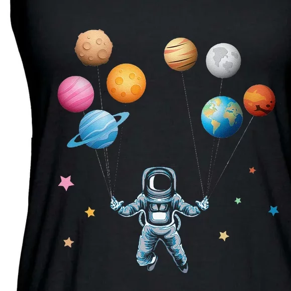 Funny Astronaut Spaceman Flies With Planet Balloons Ladies Essential Flowy Tank