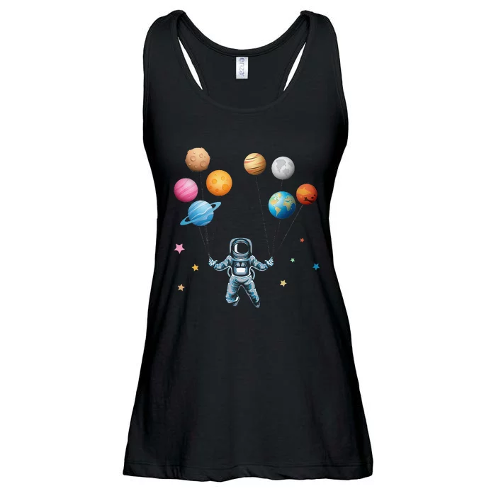 Funny Astronaut Spaceman Flies With Planet Balloons Ladies Essential Flowy Tank