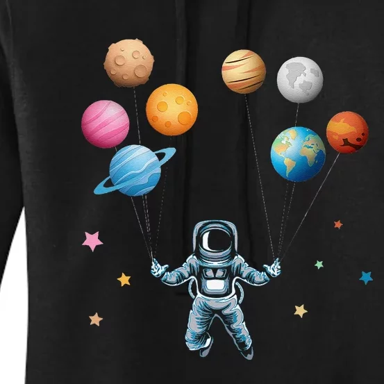 Funny Astronaut Spaceman Flies With Planet Balloons Women's Pullover Hoodie