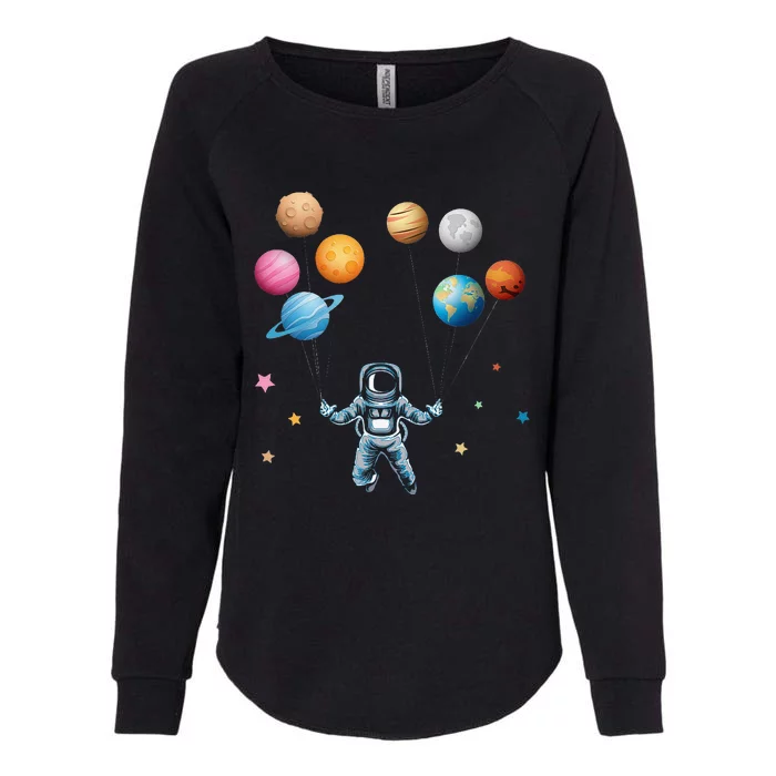 Funny Astronaut Spaceman Flies With Planet Balloons Womens California Wash Sweatshirt