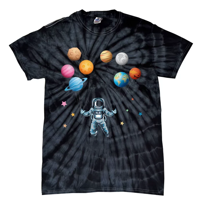 Funny Astronaut Spaceman Flies With Planet Balloons Tie-Dye T-Shirt