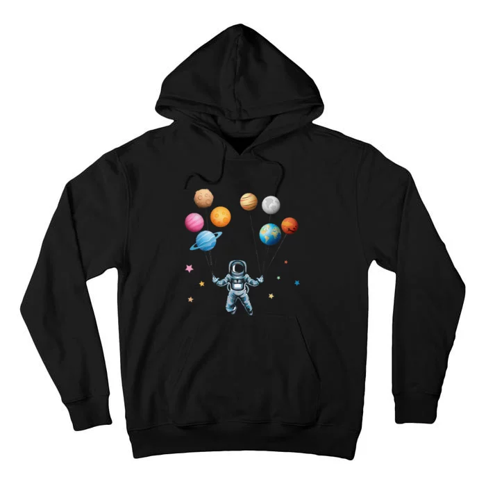 Funny Astronaut Spaceman Flies With Planet Balloons Tall Hoodie