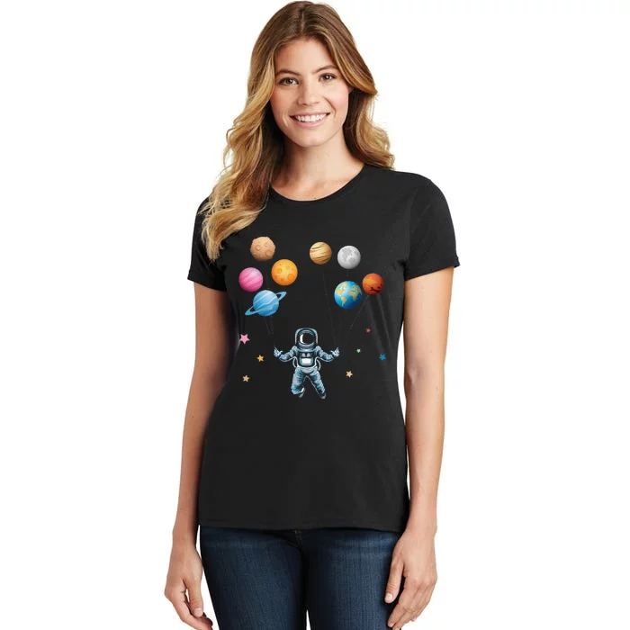 Funny Astronaut Spaceman Flies With Planet Balloons Women's T-Shirt