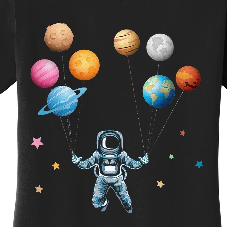 Funny Astronaut Spaceman Flies With Planet Balloons Women's T-Shirt