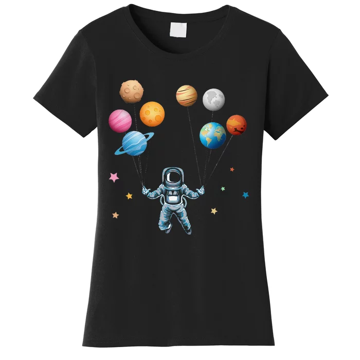 Funny Astronaut Spaceman Flies With Planet Balloons Women's T-Shirt