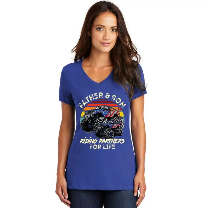 Father And Son Riding Monster Truck For Life Racing Truck Women's V-Neck T-Shirt