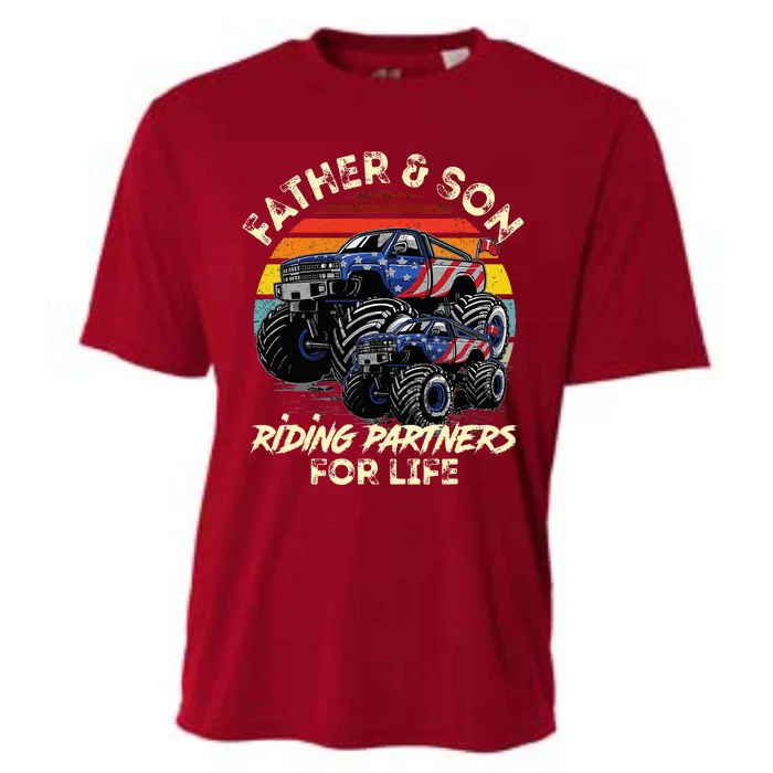 Father And Son Riding Monster Truck For Life Racing Truck Cooling Performance Crew T-Shirt