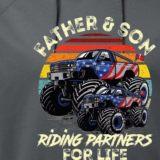 Father And Son Riding Monster Truck For Life Racing Truck Performance Fleece Hoodie