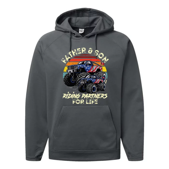 Father And Son Riding Monster Truck For Life Racing Truck Performance Fleece Hoodie