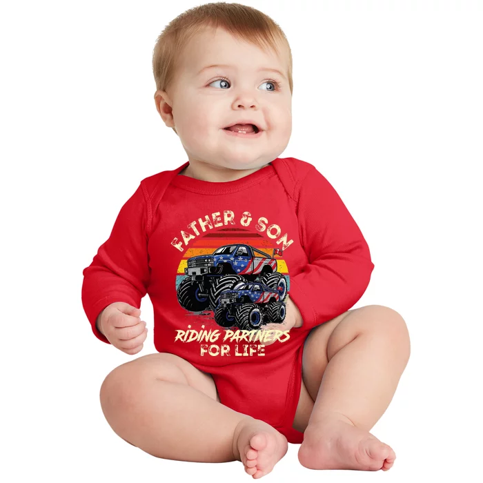 Father And Son Riding Monster Truck For Life Racing Truck Baby Long Sleeve Bodysuit