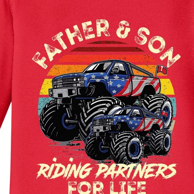 Father And Son Riding Monster Truck For Life Racing Truck Baby Long Sleeve Bodysuit