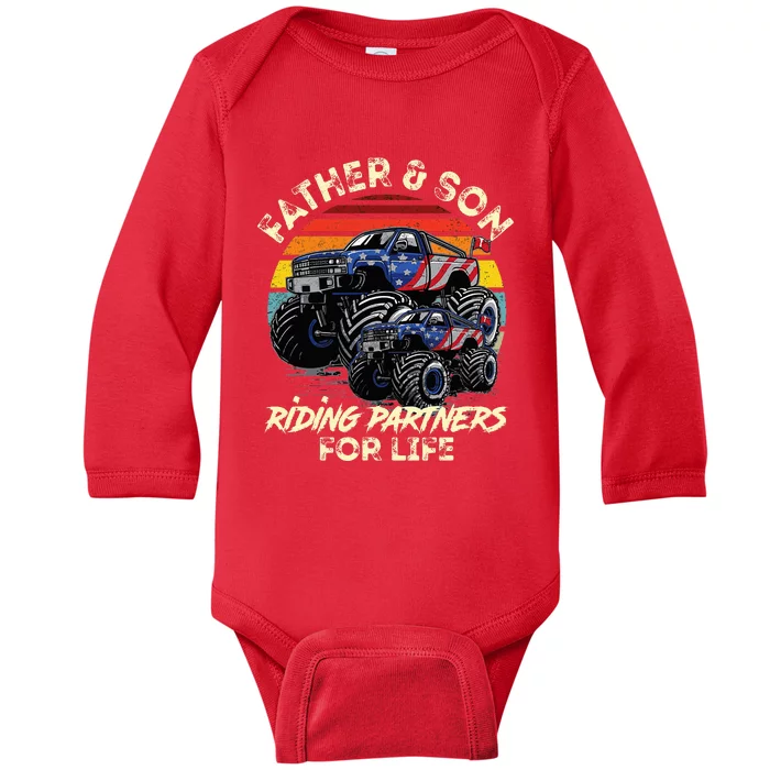 Father And Son Riding Monster Truck For Life Racing Truck Baby Long Sleeve Bodysuit