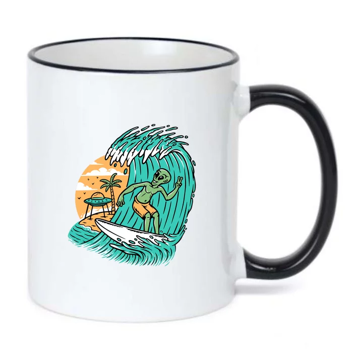 Funny Aliens Surfing On The Beach Holiday Black Color Changing Mug