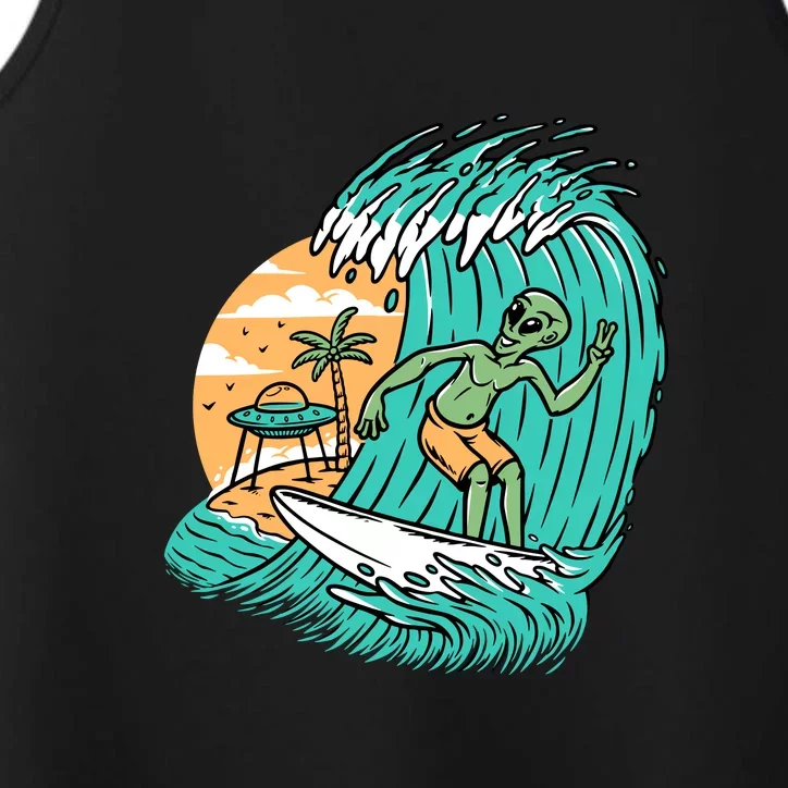 Funny Aliens Surfing On The Beach Holiday Performance Tank