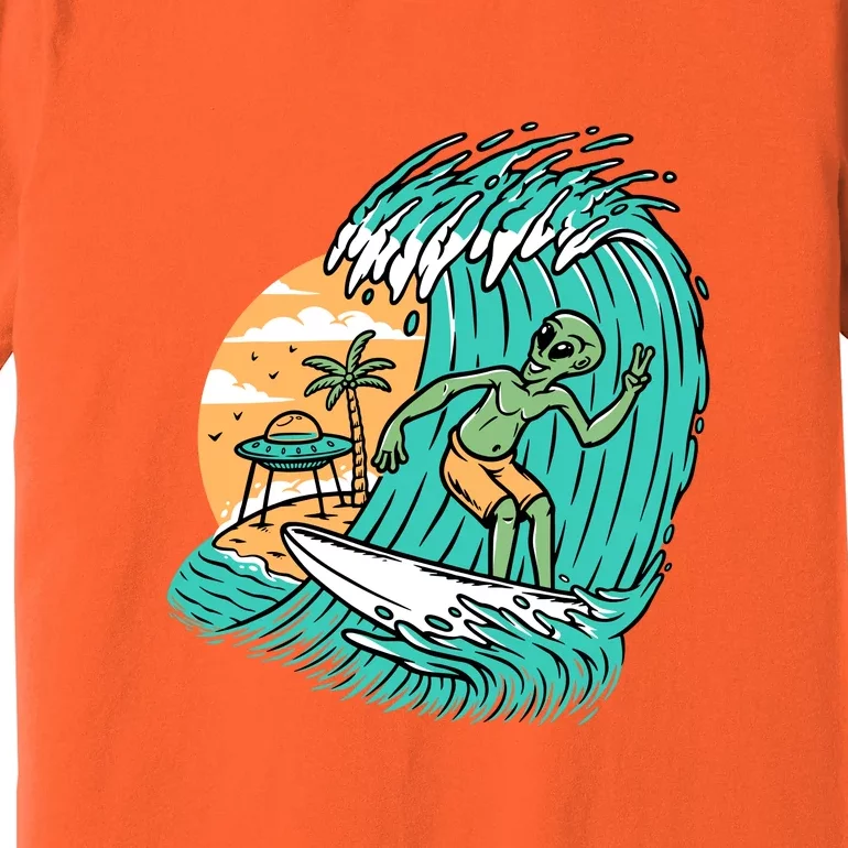 Funny Aliens Surfing On The Beach Holiday Premium T-Shirt