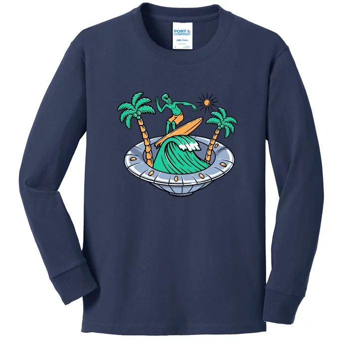 Funny Alien Surfing Inside UFO Holiday Gift Surf Kids Long Sleeve Shirt