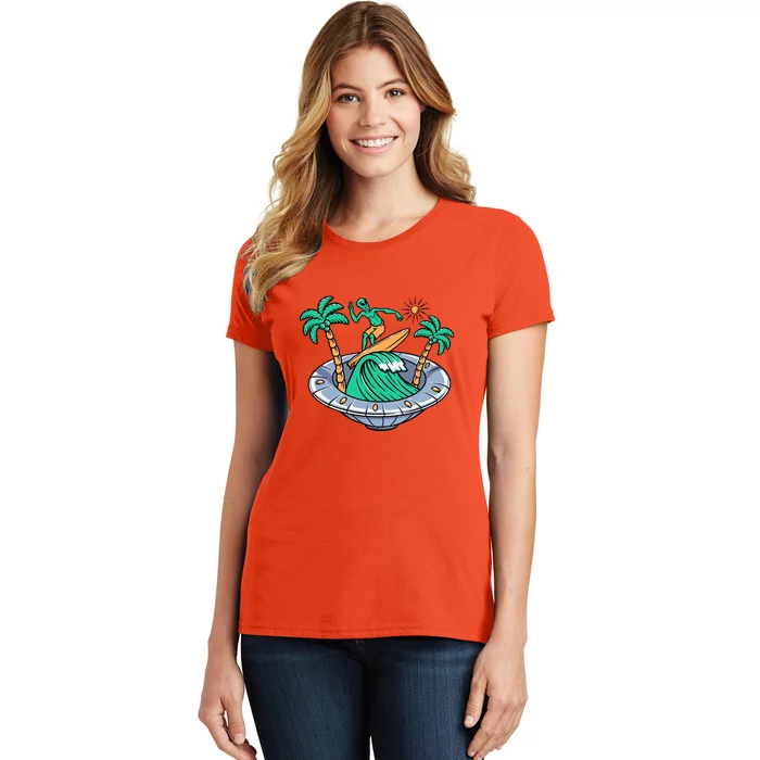 Funny Alien Surfing Inside UFO Holiday Gift Surf Women's T-Shirt