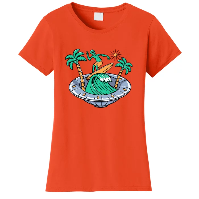 Funny Alien Surfing Inside UFO Holiday Gift Surf Women's T-Shirt