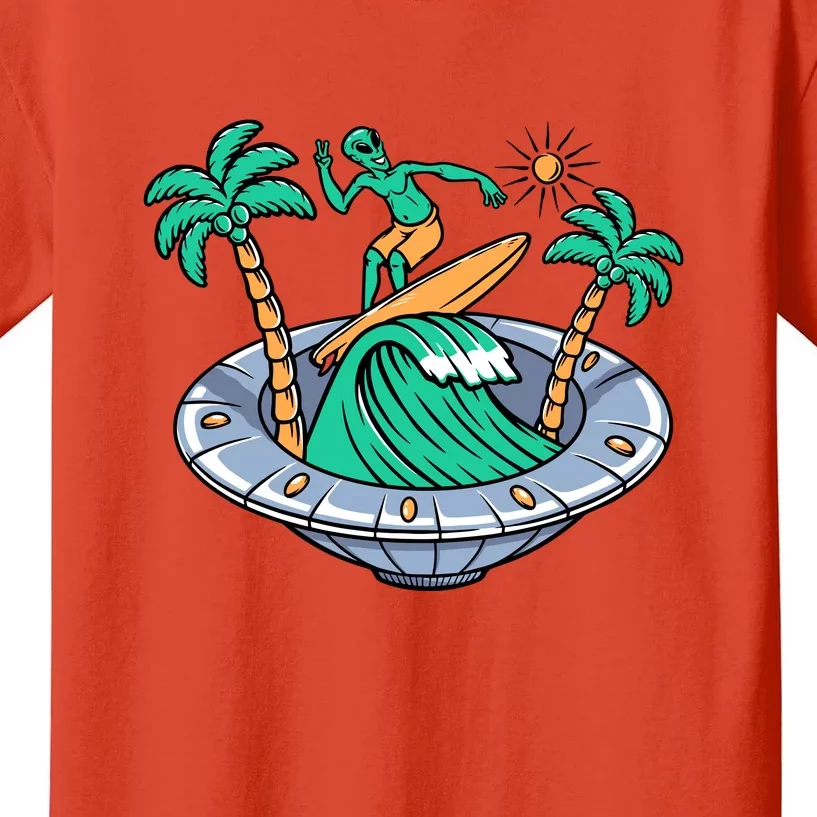 Funny Alien Surfing Inside UFO Holiday Gift Surf Kids T-Shirt