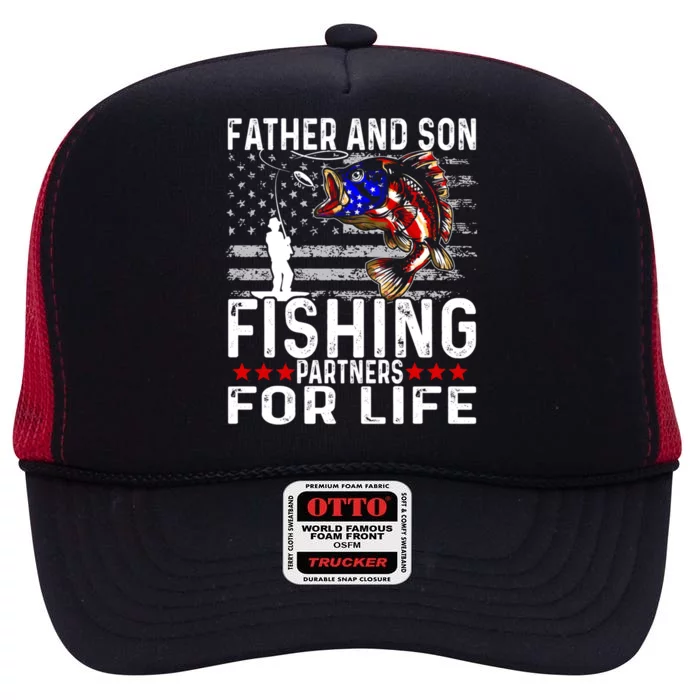 Father And Son Fishing Partners For Life Usa Flag Gift High Crown Mesh Trucker Hat