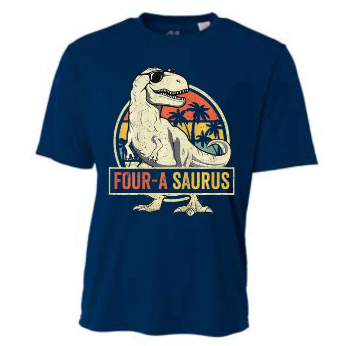 Four A Saurus Birthday T Rex 4 Year Old Dino 4th Dinosaur Cooling Performance Crew T-Shirt