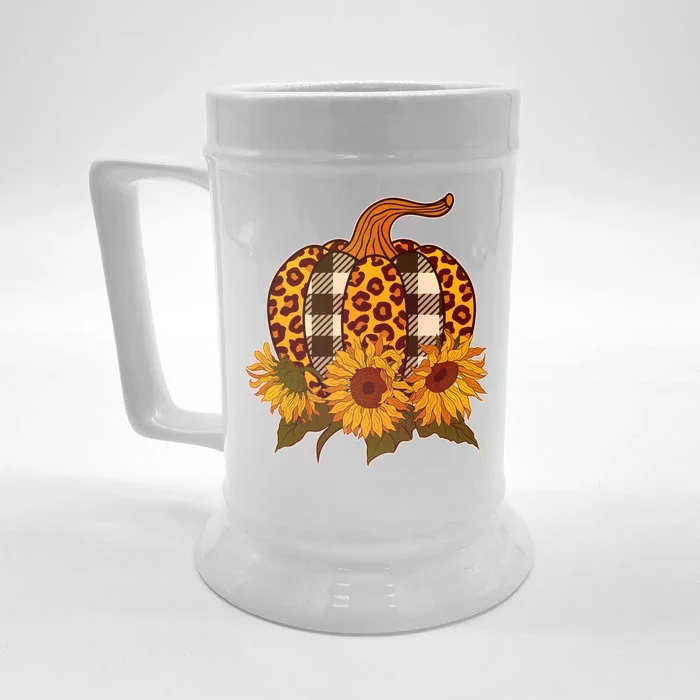 Fashion Autumn Leopard Buffalo Plaid Pumpkin Front & Back Beer Stein