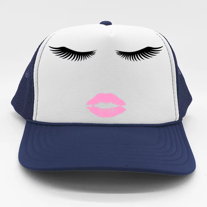 Fashion Style Eyelash Lips Lashes Pink Lipstick Trucker Hat