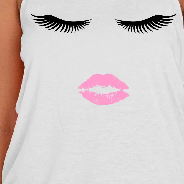 Fashion Style Eyelash Lips Lashes Pink Lipstick Women's Knotted Racerback Tank