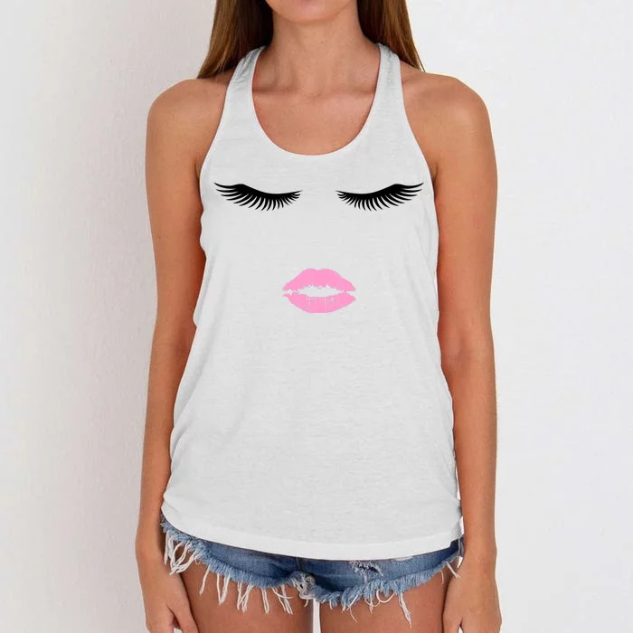 Fashion Style Eyelash Lips Lashes Pink Lipstick Women's Knotted Racerback Tank