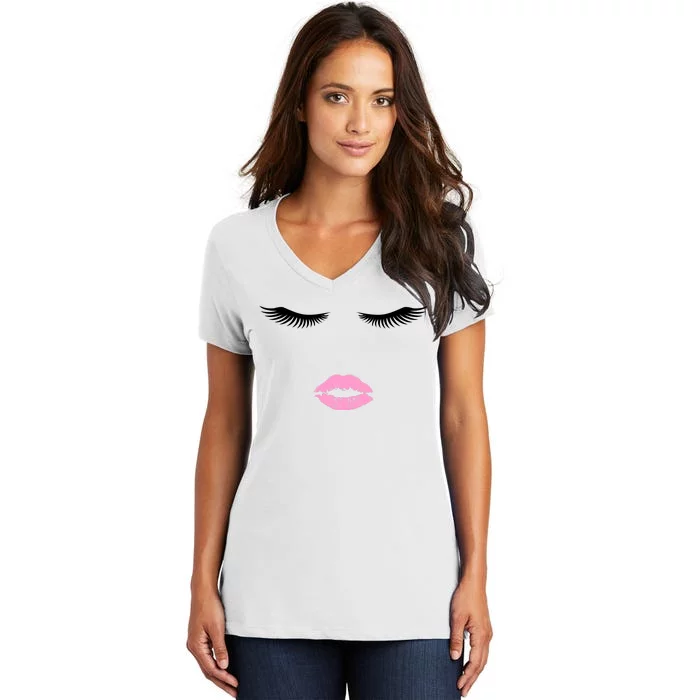 Fashion Style Eyelash Lips Lashes Pink Lipstick Women's V-Neck T-Shirt