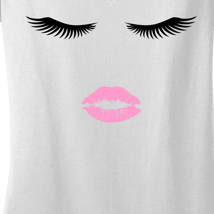 Fashion Style Eyelash Lips Lashes Pink Lipstick Women's V-Neck T-Shirt