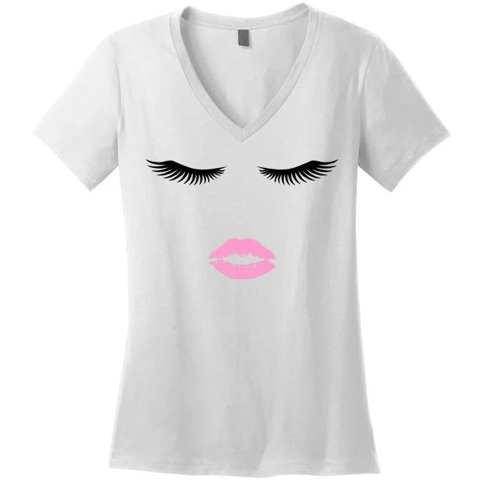 Fashion Style Eyelash Lips Lashes Pink Lipstick Women's V-Neck T-Shirt